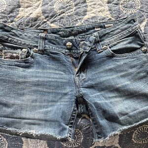 Miss Me Medium Blue Frayed Hem Denim Shorts